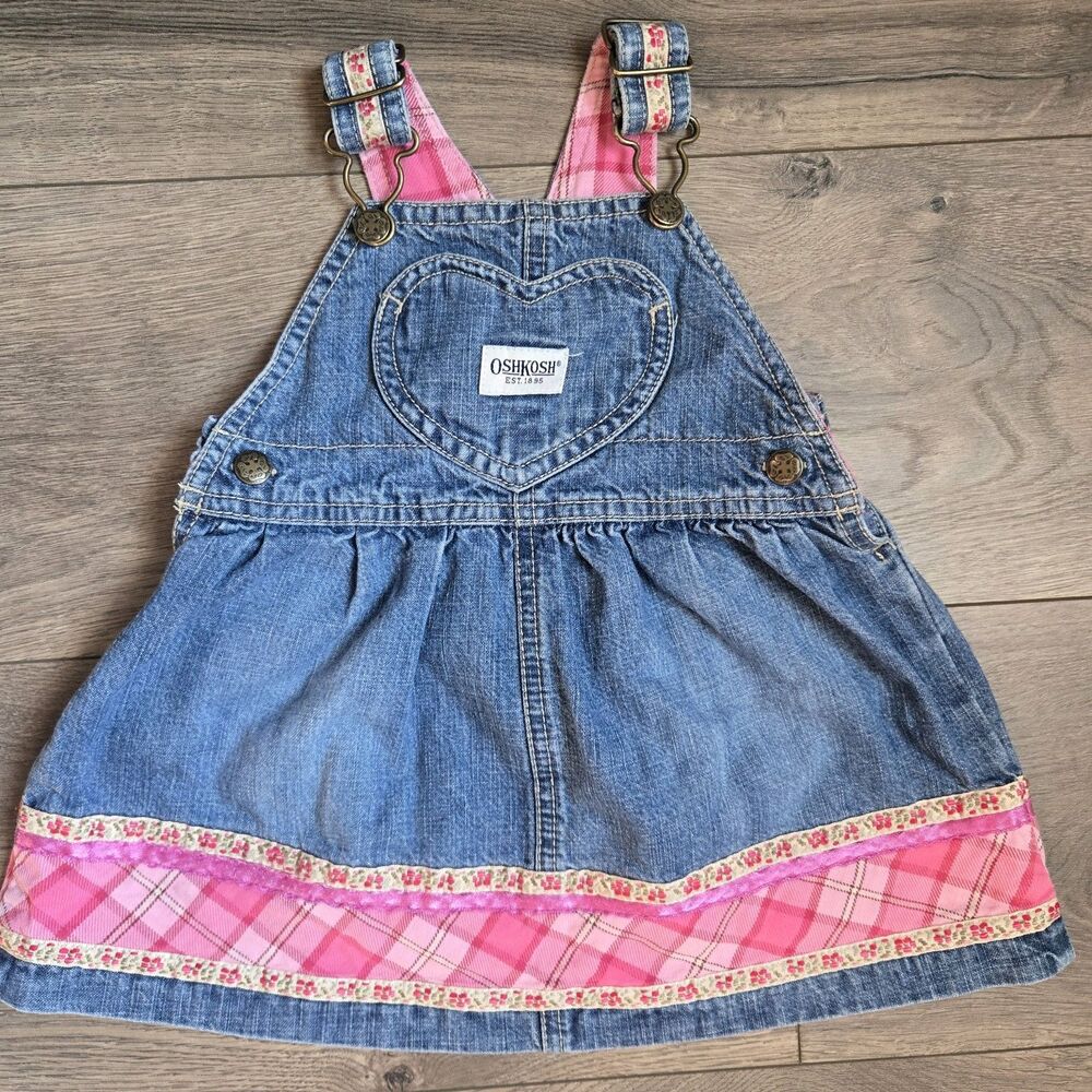 OshKosh B’gosh Vintage Girls 12M Blue Denim Overall Dress Heart Pink Plaid Y2K